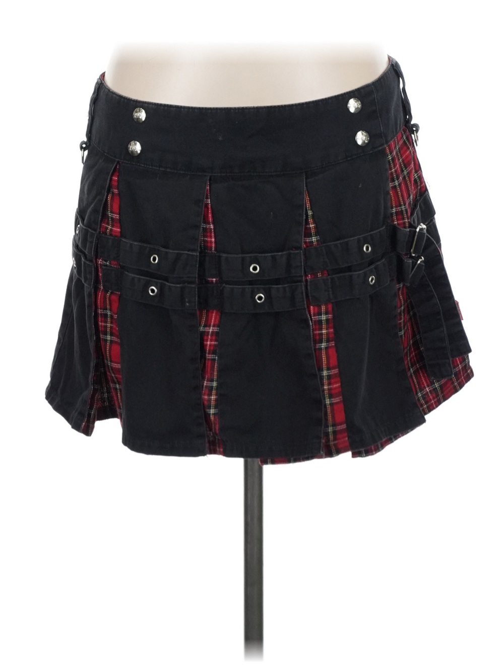 Tripp NYC Black and Red Plaid Pleated Mini Skirt with Buckle Accents